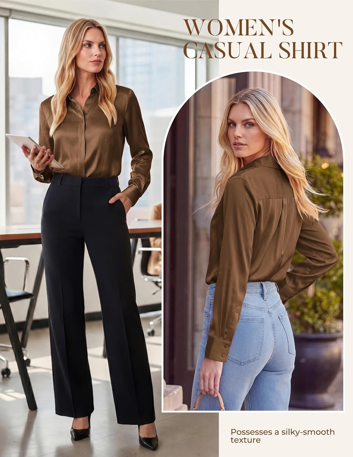 image:imageGRACE KARIN 2026 Womens Silky Satin Button Down Shirts Long Sleeve Work Blouses Dressy Casual TopsCoffee