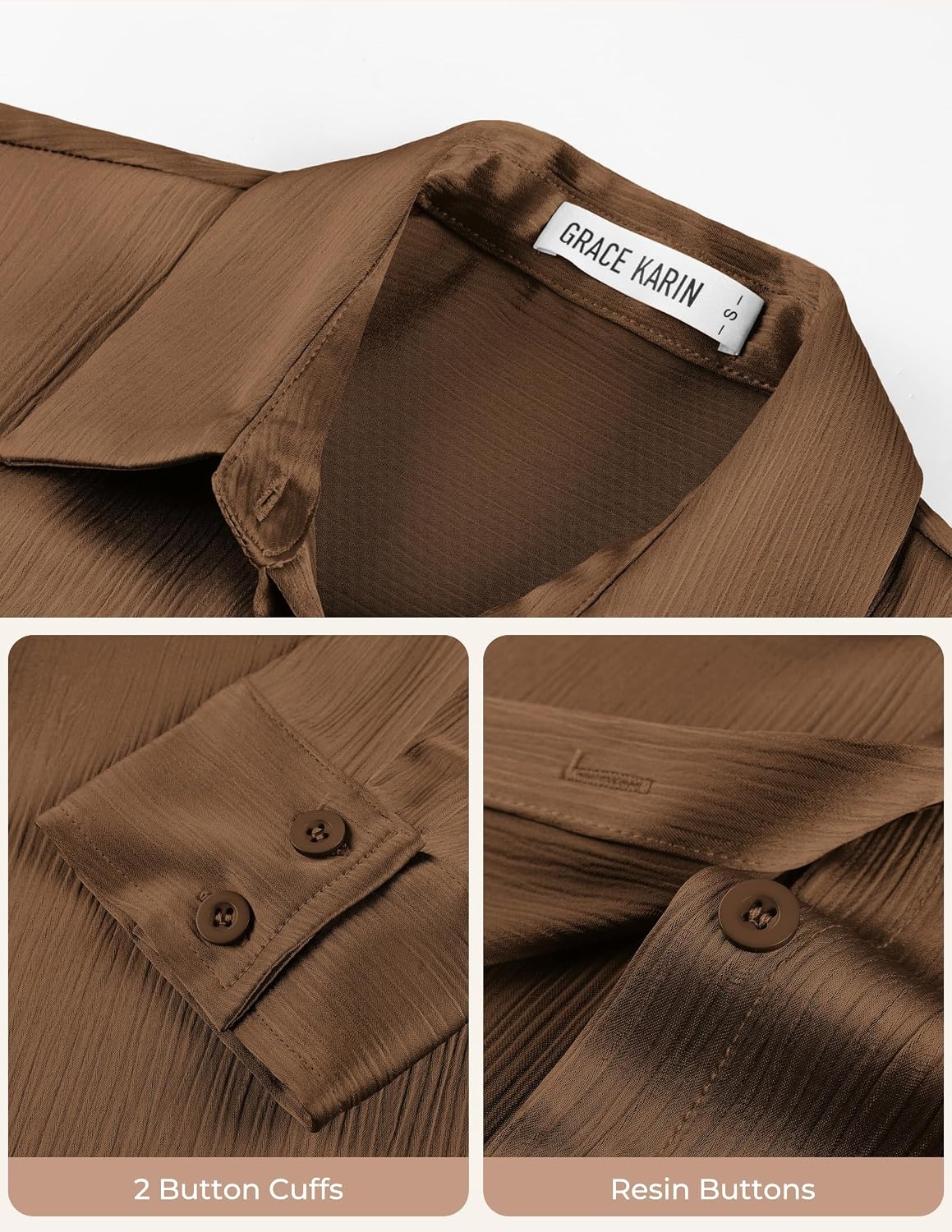 image:imageGRACE KARIN 2026 Womens Silky Satin Button Down Shirts Long Sleeve Work Blouses Dressy Casual TopsCoffee