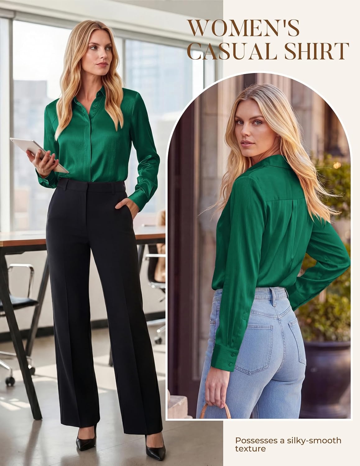 image:imageGRACE KARIN 2026 Womens Silky Satin Button Down Shirts Long Sleeve Work Blouses Dressy Casual TopsDark Green
