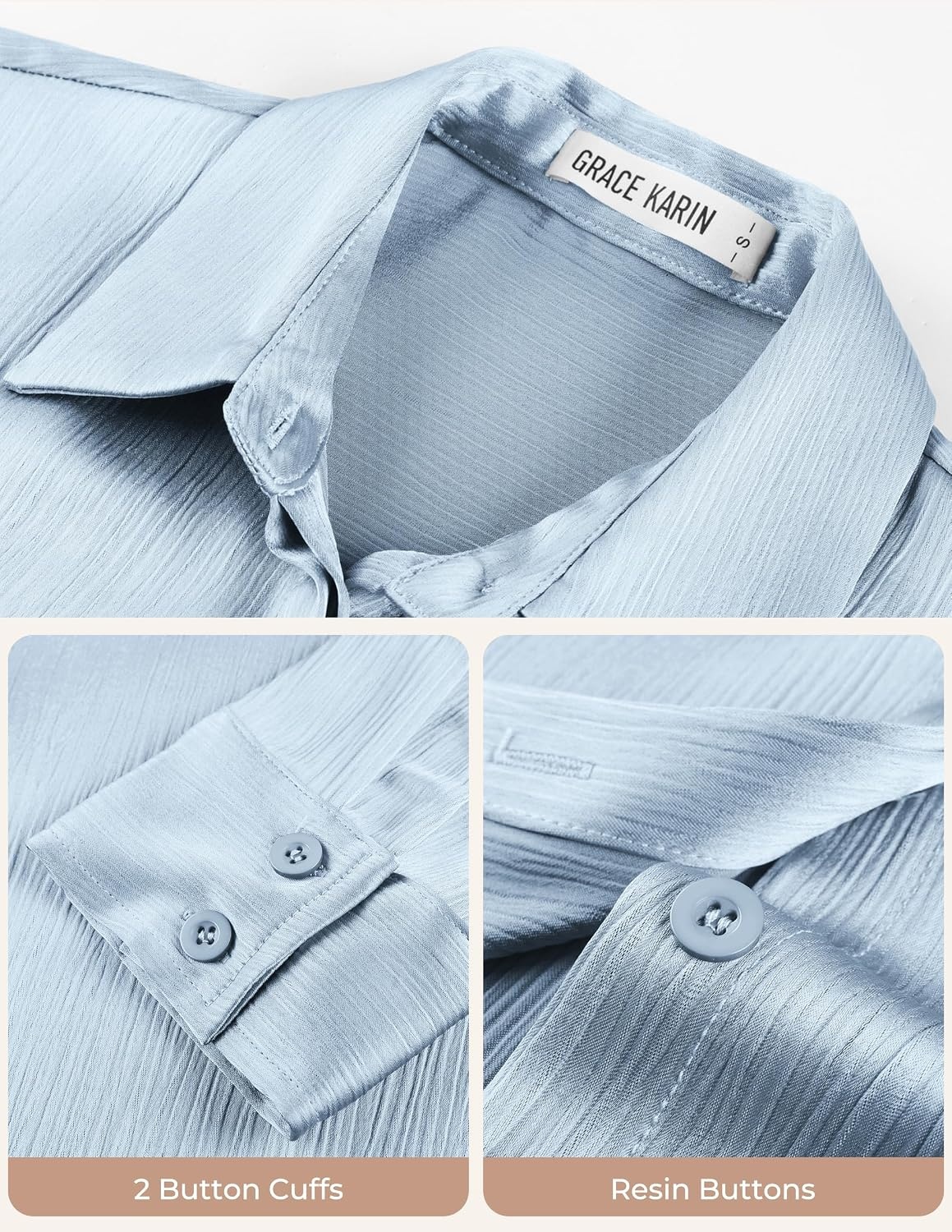 image:imageGRACE KARIN 2026 Womens Silky Satin Button Down Shirts Long Sleeve Work Blouses Dressy Casual TopsLight Blue