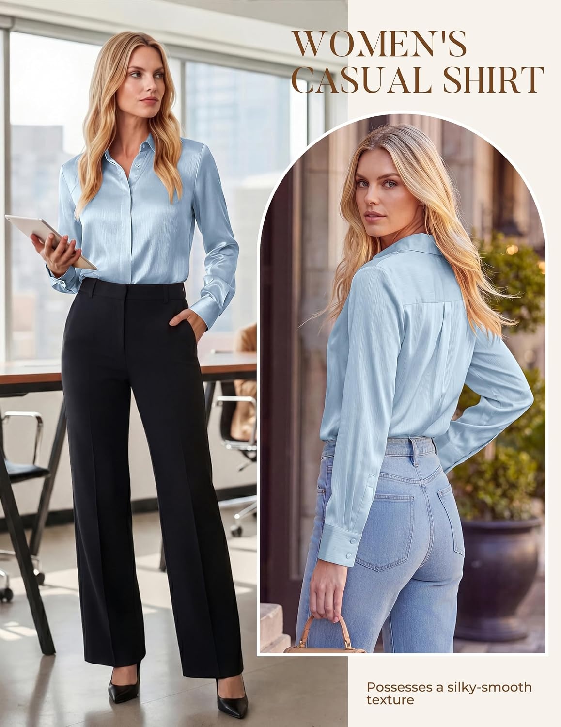 image:imageGRACE KARIN 2026 Womens Silky Satin Button Down Shirts Long Sleeve Work Blouses Dressy Casual TopsLight Blue