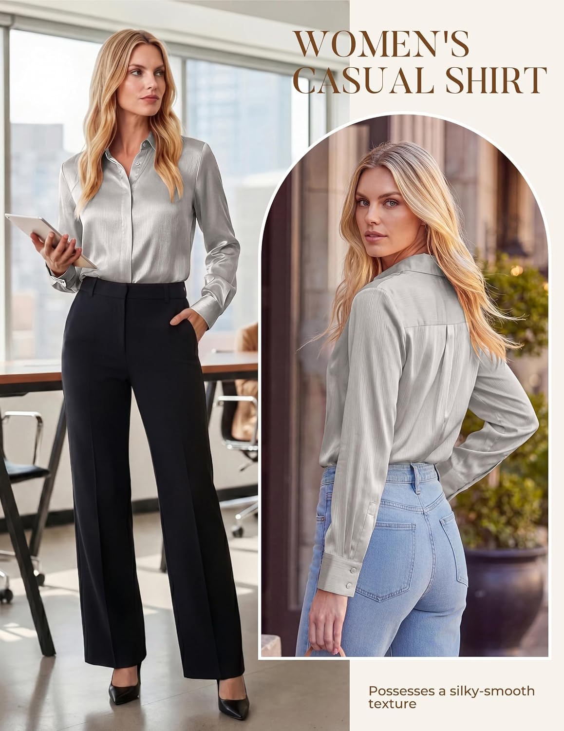 image:imageGRACE KARIN 2026 Womens Silky Satin Button Down Shirts Long Sleeve Work Blouses Dressy Casual TopsLight Gray