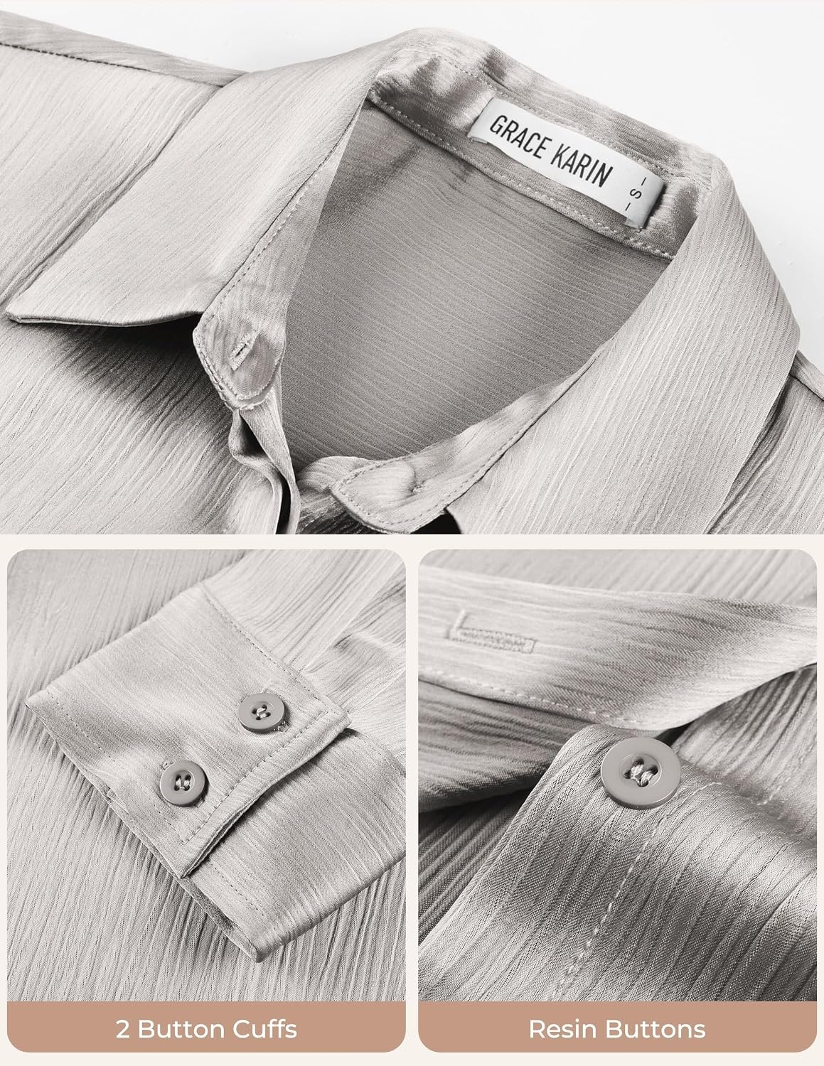 image:imageGRACE KARIN 2026 Womens Silky Satin Button Down Shirts Long Sleeve Work Blouses Dressy Casual TopsLight Gray