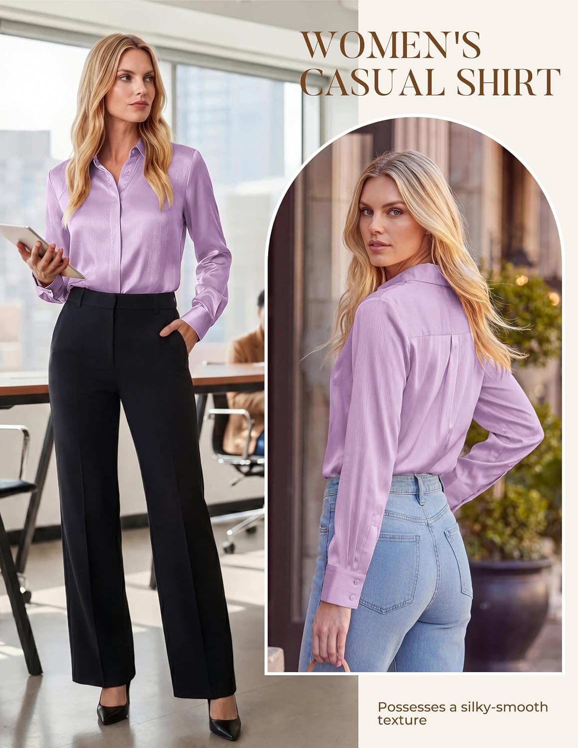 image:imageGRACE KARIN 2026 Womens Silky Satin Button Down Shirts Long Sleeve Work Blouses Dressy Casual TopsLight Purple