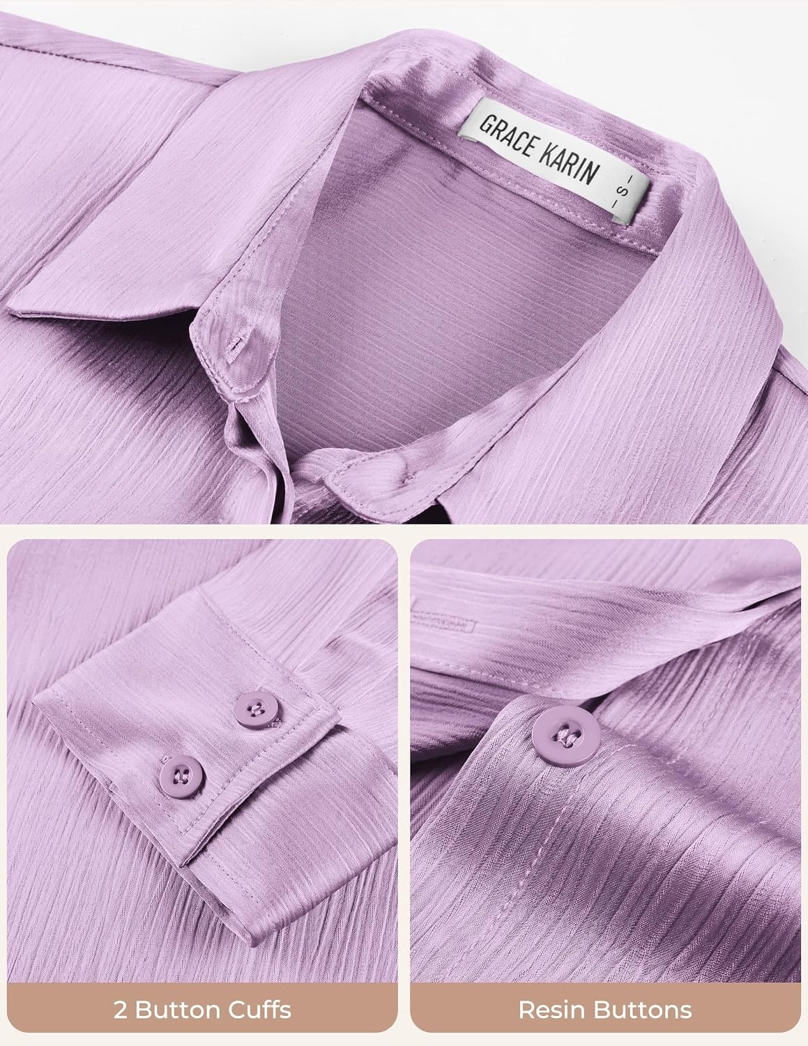 image:imageGRACE KARIN 2026 Womens Silky Satin Button Down Shirts Long Sleeve Work Blouses Dressy Casual TopsLight Purple