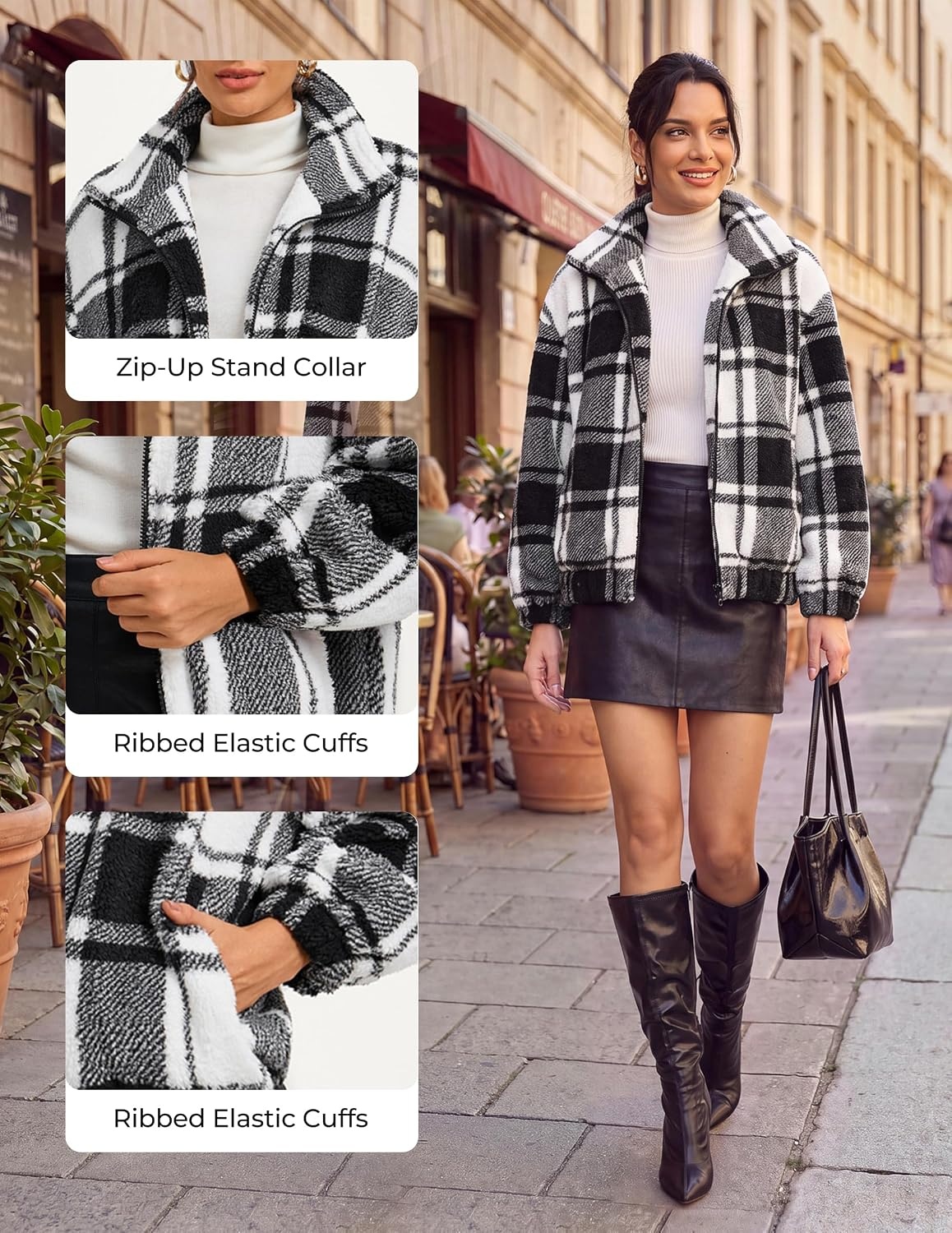 image:imageGRACE KARIN Womens Full Zip Sherpa Fleece Jacket with PocketsBlack Plaid