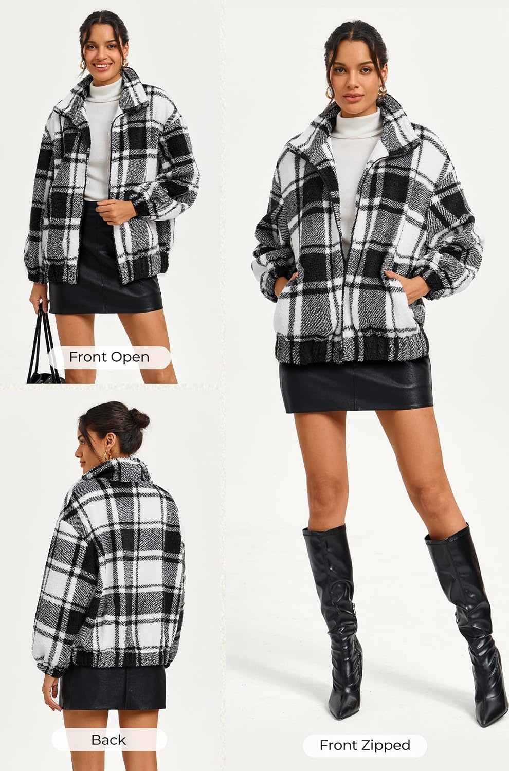 image:imageGRACE KARIN Womens Full Zip Sherpa Fleece Jacket with PocketsBlack Plaid