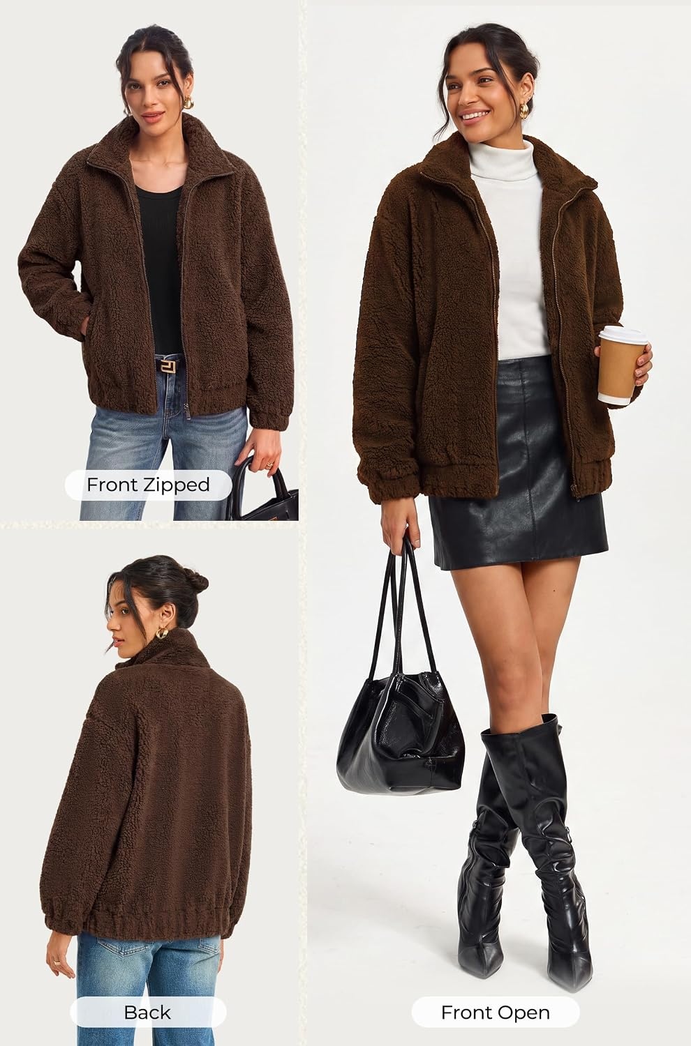 image:imageGRACE KARIN Womens Full Zip Sherpa Fleece Jacket with PocketsDark Brown
