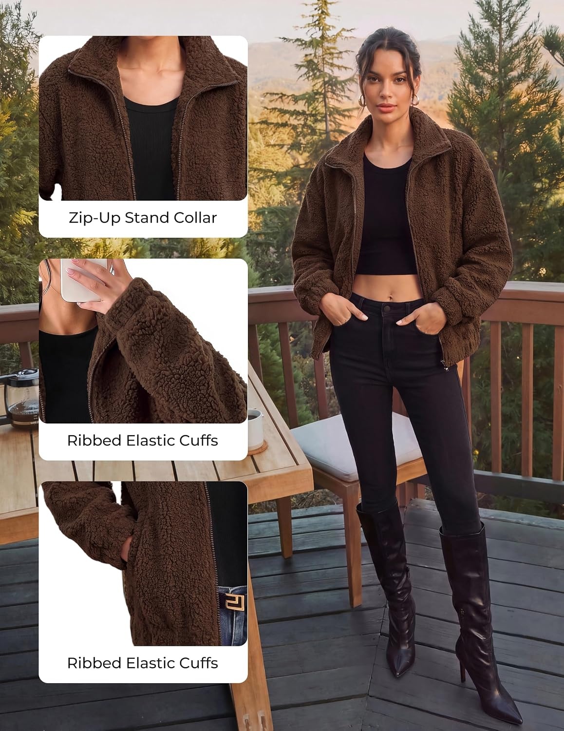 image:imageGRACE KARIN Womens Full Zip Sherpa Fleece Jacket with PocketsDark Brown