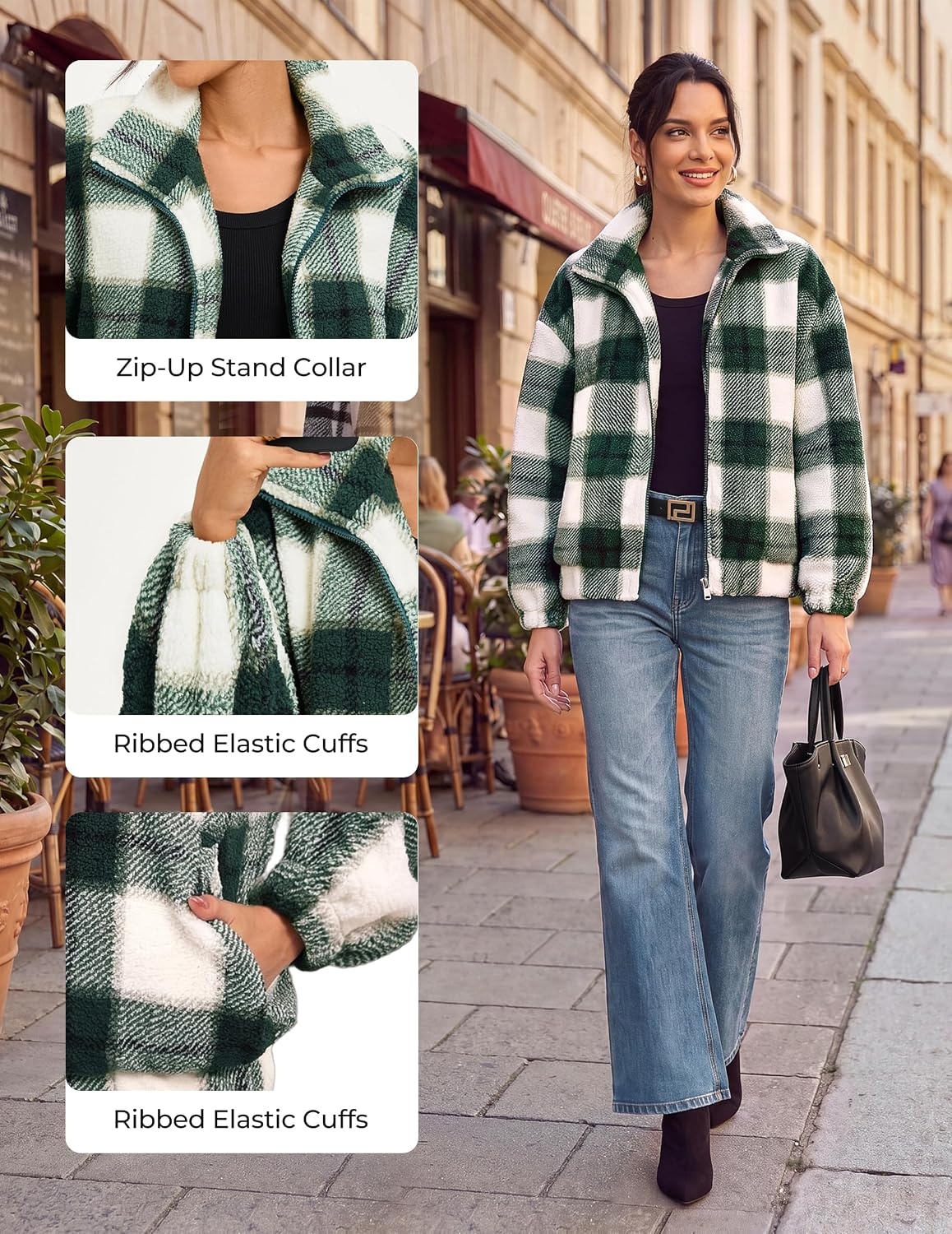 image:imageGRACE KARIN Womens Full Zip Sherpa Fleece Jacket with PocketsGreen Plaid