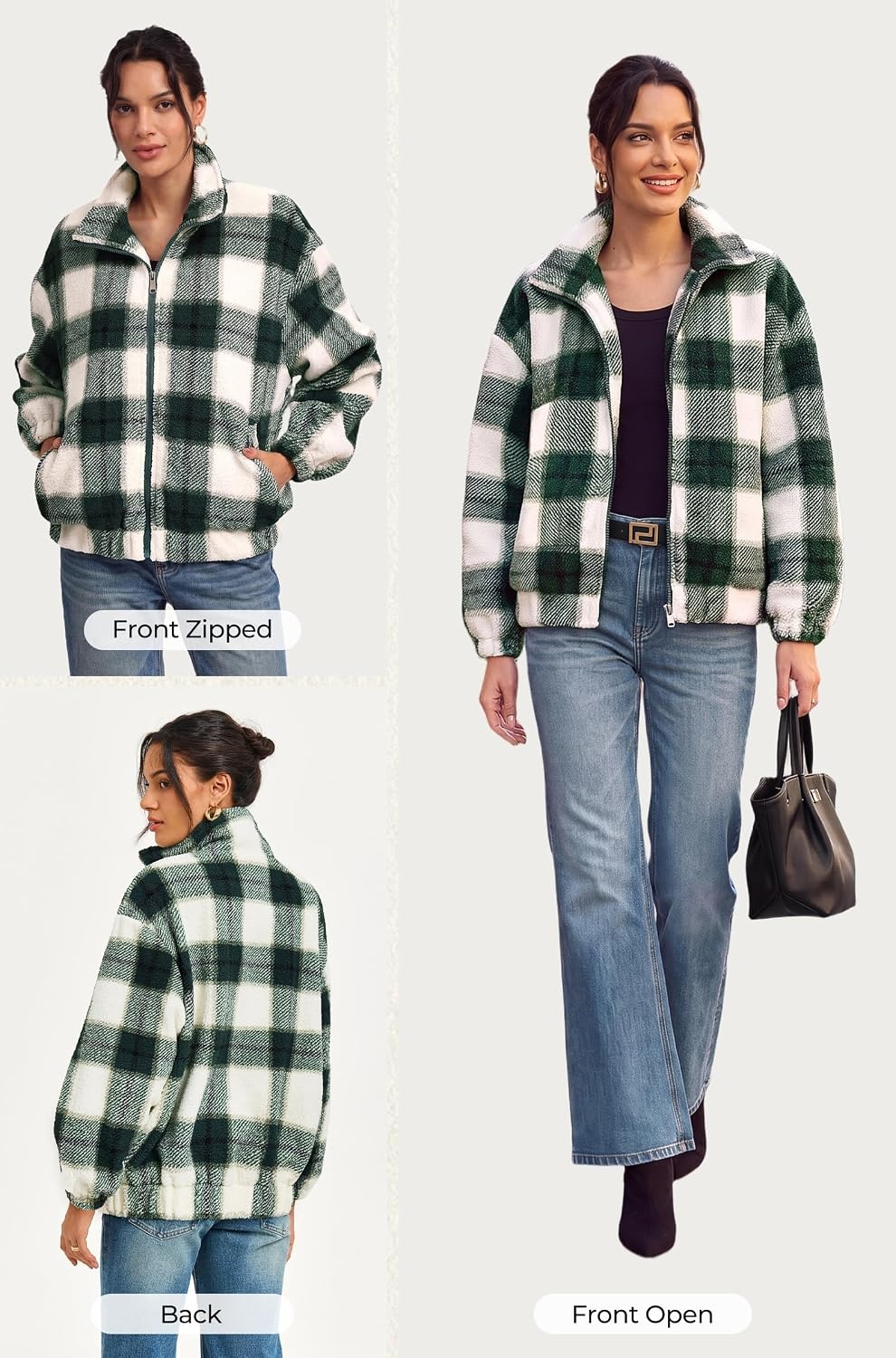 image:imageGRACE KARIN Womens Full Zip Sherpa Fleece Jacket with PocketsGreen Plaid