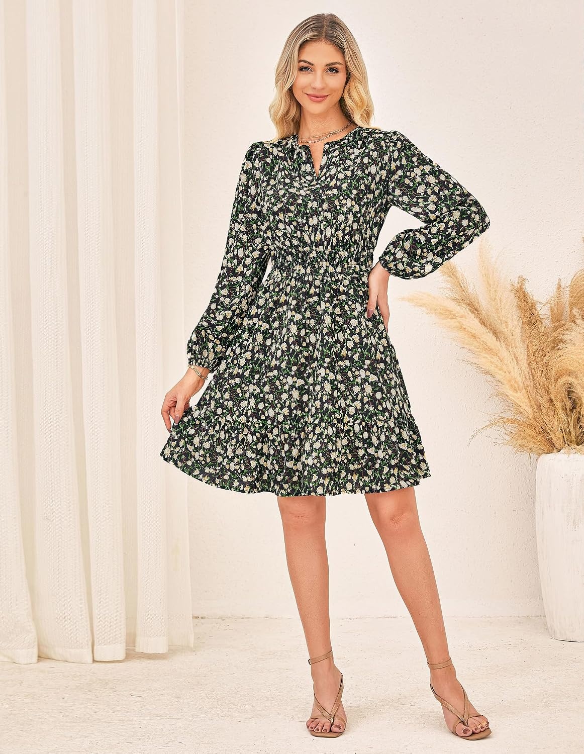 image:imageGRACE KARIN Womens VNeck ALine Knee Length Dress with PocketsBlack Yellow