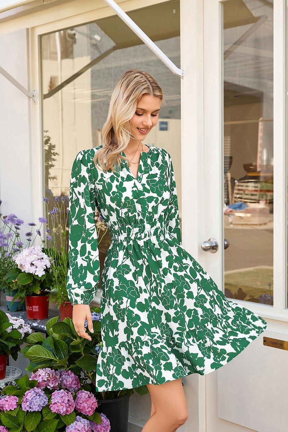 image:imageGRACE KARIN Womens VNeck ALine Knee Length Dress with PocketsDark Green Floral