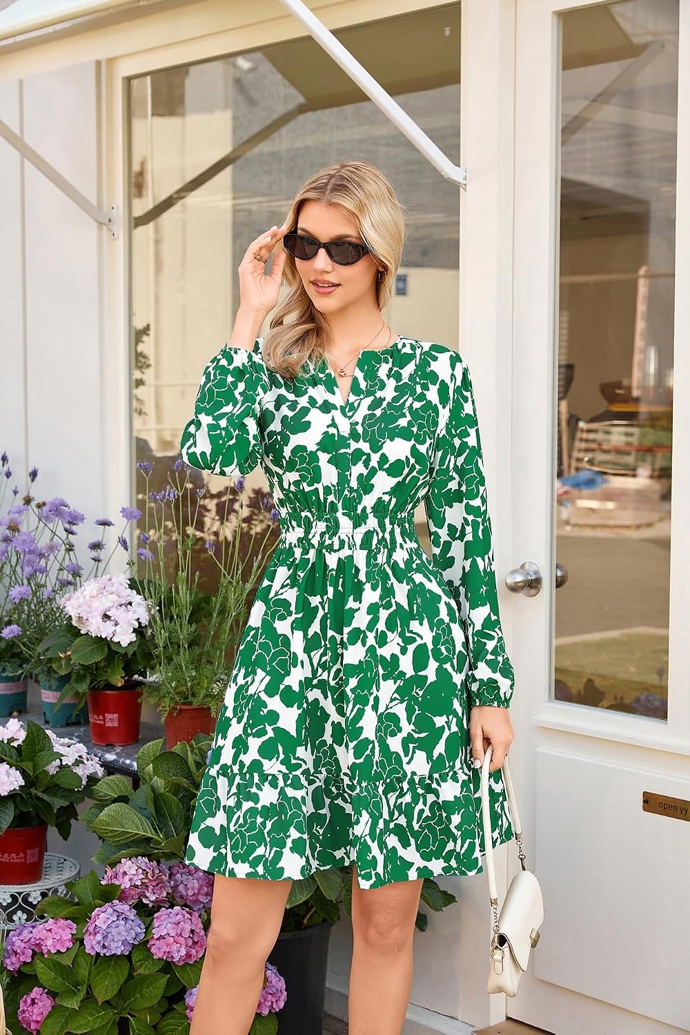 image:imageGRACE KARIN Womens VNeck ALine Knee Length Dress with PocketsDark Green Floral