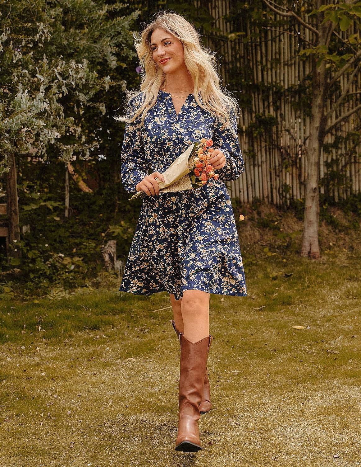 image:imageGRACE KARIN Womens VNeck ALine Knee Length Dress with PocketsNavy Brown
