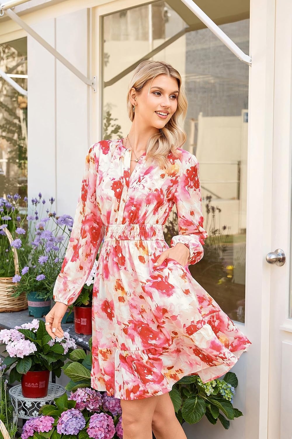 image:imageGRACE KARIN Womens VNeck ALine Knee Length Dress with PocketsPink Floral
