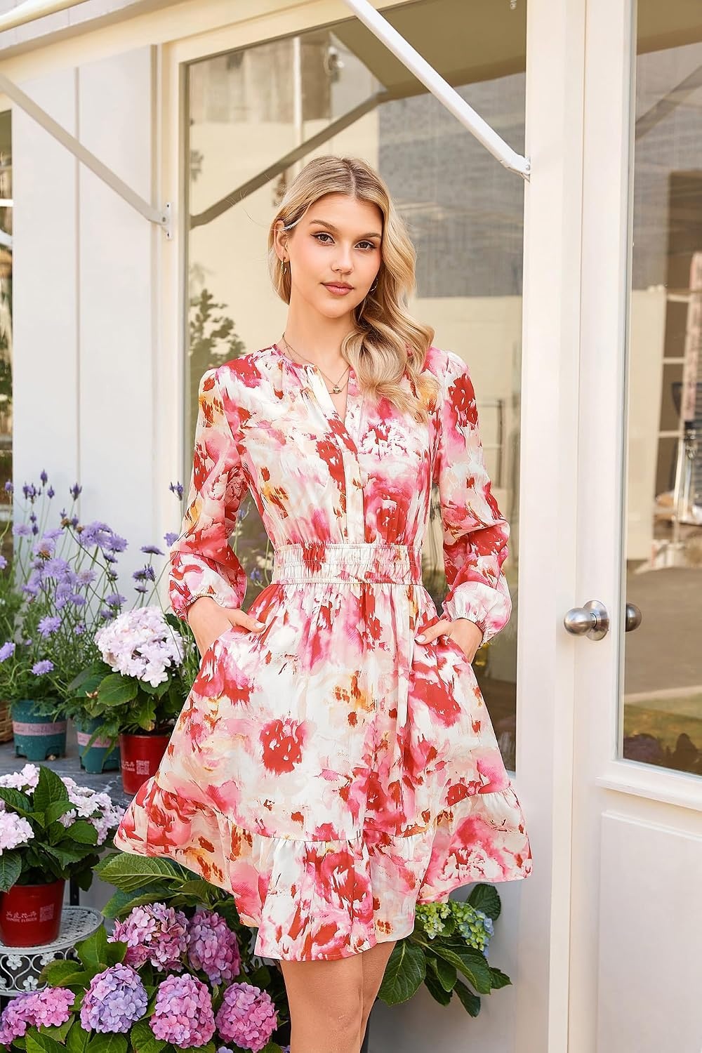 image:imageGRACE KARIN Womens VNeck ALine Knee Length Dress with PocketsPink Floral