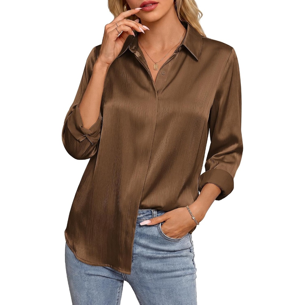 image:imageGRACE KARIN 2026 Womens Silky Satin Button Down Shirts Long Sleeve Work Blouses Dressy Casual TopsCoffee