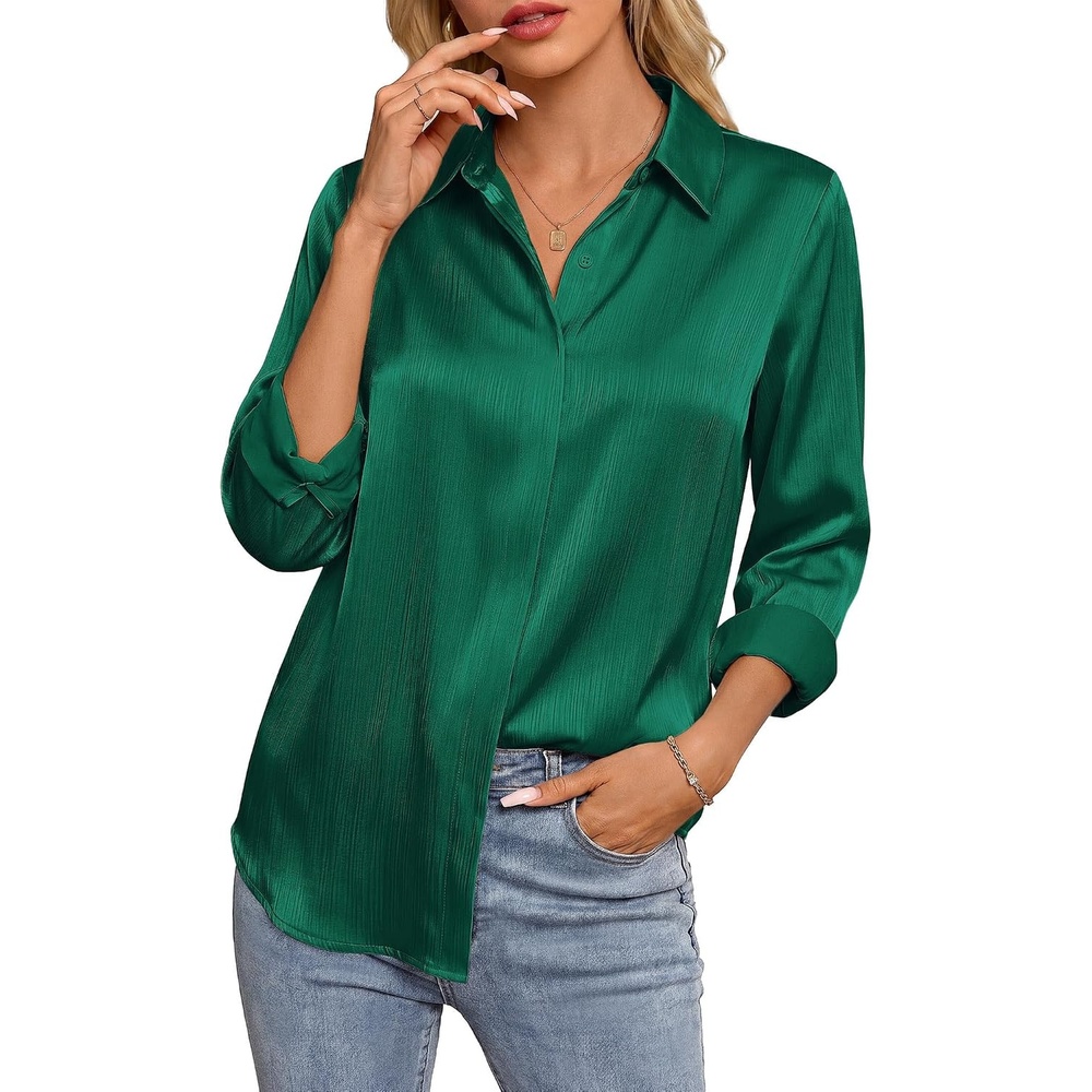 image:imageGRACE KARIN 2026 Womens Silky Satin Button Down Shirts Long Sleeve Work Blouses Dressy Casual TopsDark Green