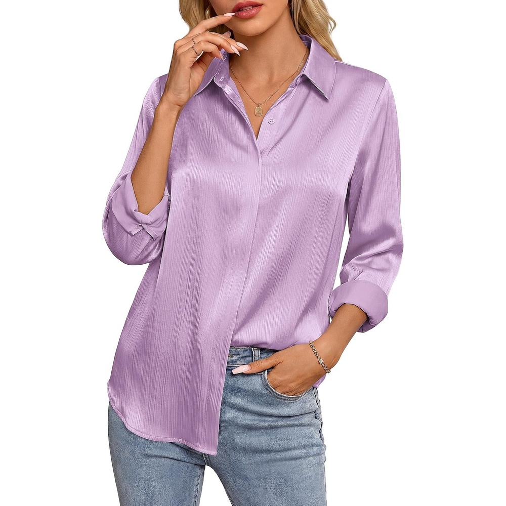 image:imageGRACE KARIN 2026 Womens Silky Satin Button Down Shirts Long Sleeve Work Blouses Dressy Casual TopsLight Purple