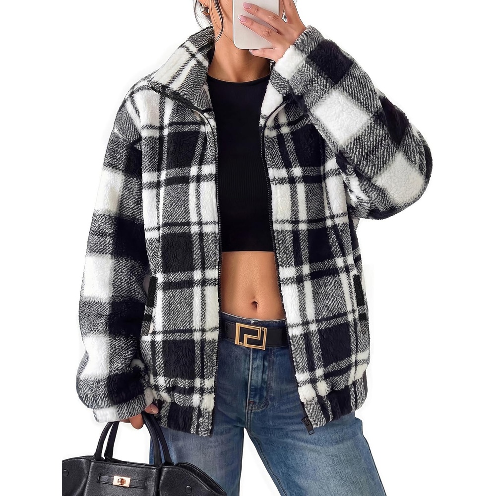 image:imageGRACE KARIN Womens Full Zip Sherpa Fleece Jacket with PocketsBlack Plaid