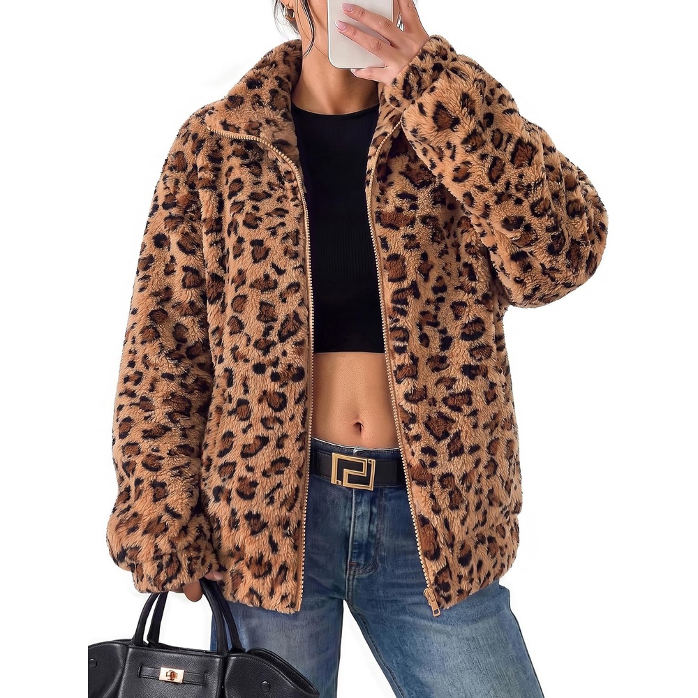 image:imageGRACE KARIN Womens Full Zip Sherpa Fleece Jacket with PocketsLeopard