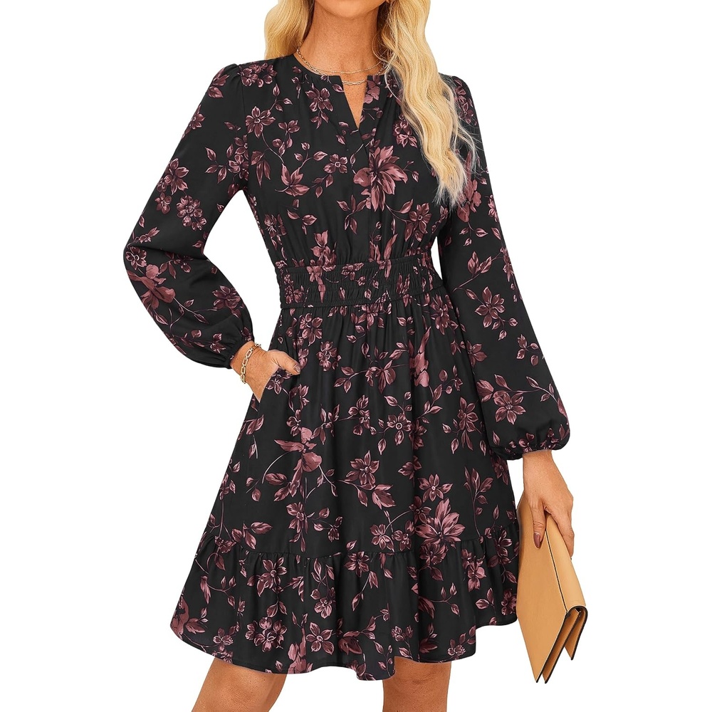 image:imageGRACE KARIN Womens VNeck ALine Knee Length Dress with PocketsBlack Floral