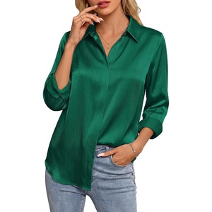 GRACE KARIN 2026 Womens Silky Satin Button Down Shirts Long Sleeve Work Blouses Dressy Casual Tops(Dark Green)