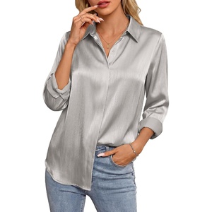 GRACE KARIN 2026 Womens Silky Satin Button Down Shirts Long Sleeve Work Blouses Dressy Casual Tops(Light Gray)