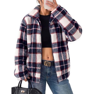 GRACE KARIN Women’s Full Zip Sherpa Fleece Jacket with Pockets(Blue Plaid)
