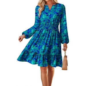 GRACE KARIN Women’s V-Neck A-Line Knee Length Dress with Pockets(Green Blue)