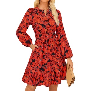 GRACE KARIN Women’s V-Neck A-Line Knee Length Dress with Pockets(Red Floral)