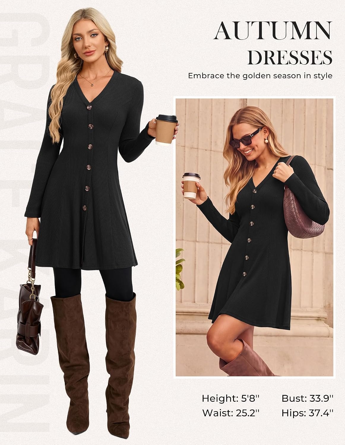 image:imageGRACE KARIN 2026 Womens VNeck Ribbed Knit ALine Mini Fall Sweater DressBlack