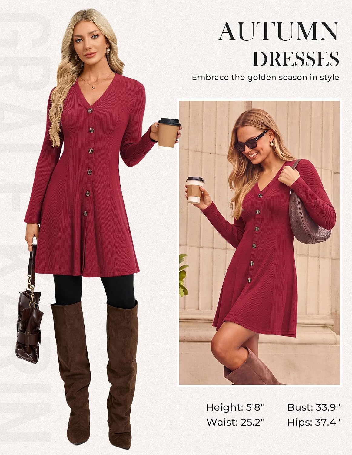 image:imageGRACE KARIN 2026 Womens VNeck Ribbed Knit ALine Mini Fall Sweater DressWine Red