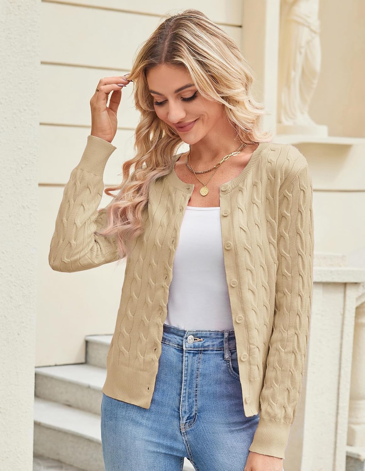 image:imageGRACE KARIN Cable Knit Cardigan Sweaters for Women Lightweight Fall OutfitsBeige