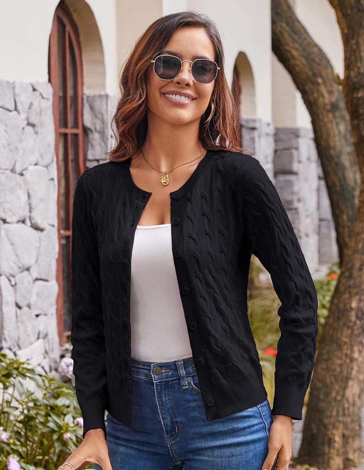 image:imageGRACE KARIN Cable Knit Cardigan Sweaters for Women Lightweight Fall OutfitsBlack