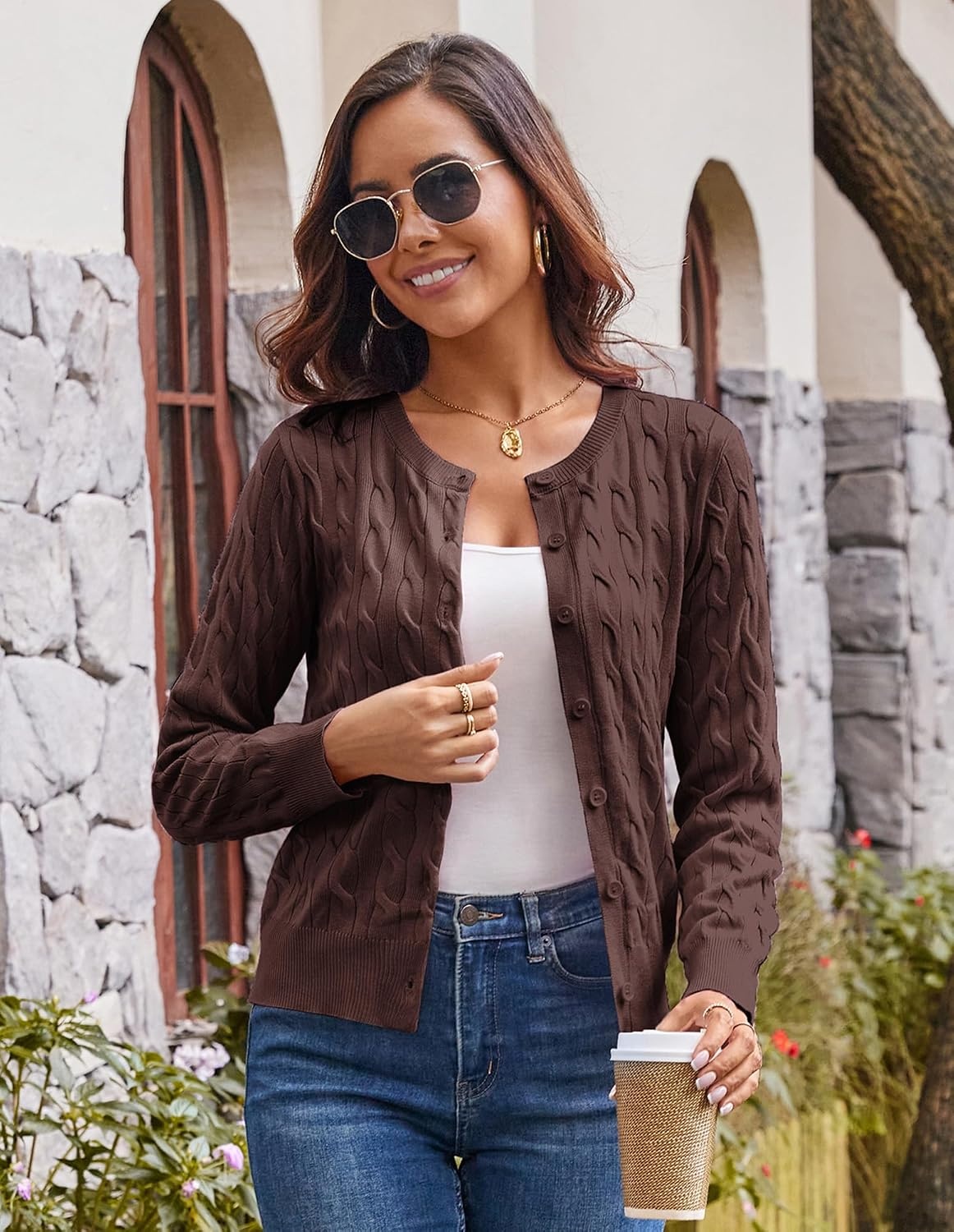 image:imageGRACE KARIN Cable Knit Cardigan Sweaters for Women Lightweight Fall OutfitsDark Brown