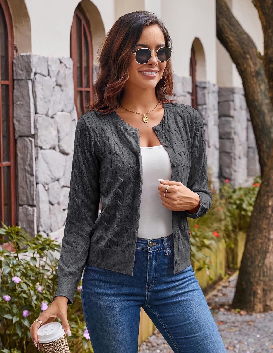 image:imageGRACE KARIN Cable Knit Cardigan Sweaters for Women Lightweight Fall OutfitsDark Heather Grey