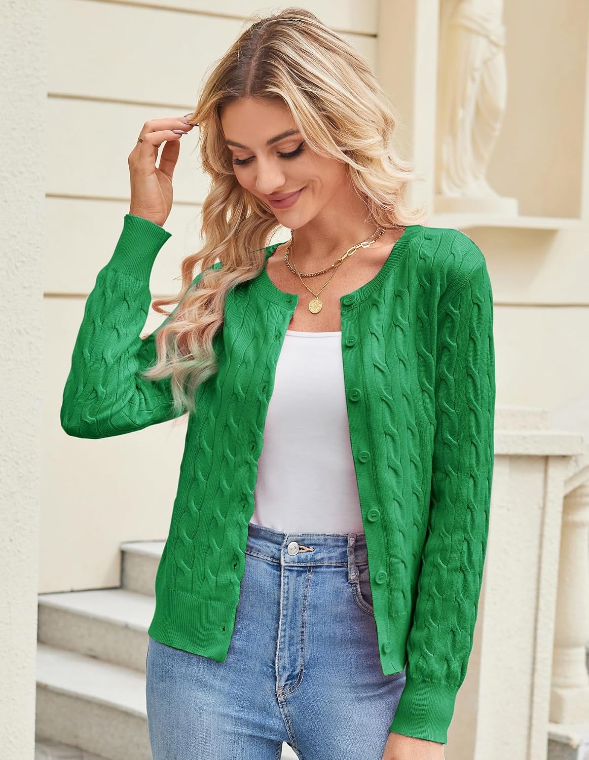 image:imageGRACE KARIN Cable Knit Cardigan Sweaters for Women Lightweight Fall OutfitsGreen