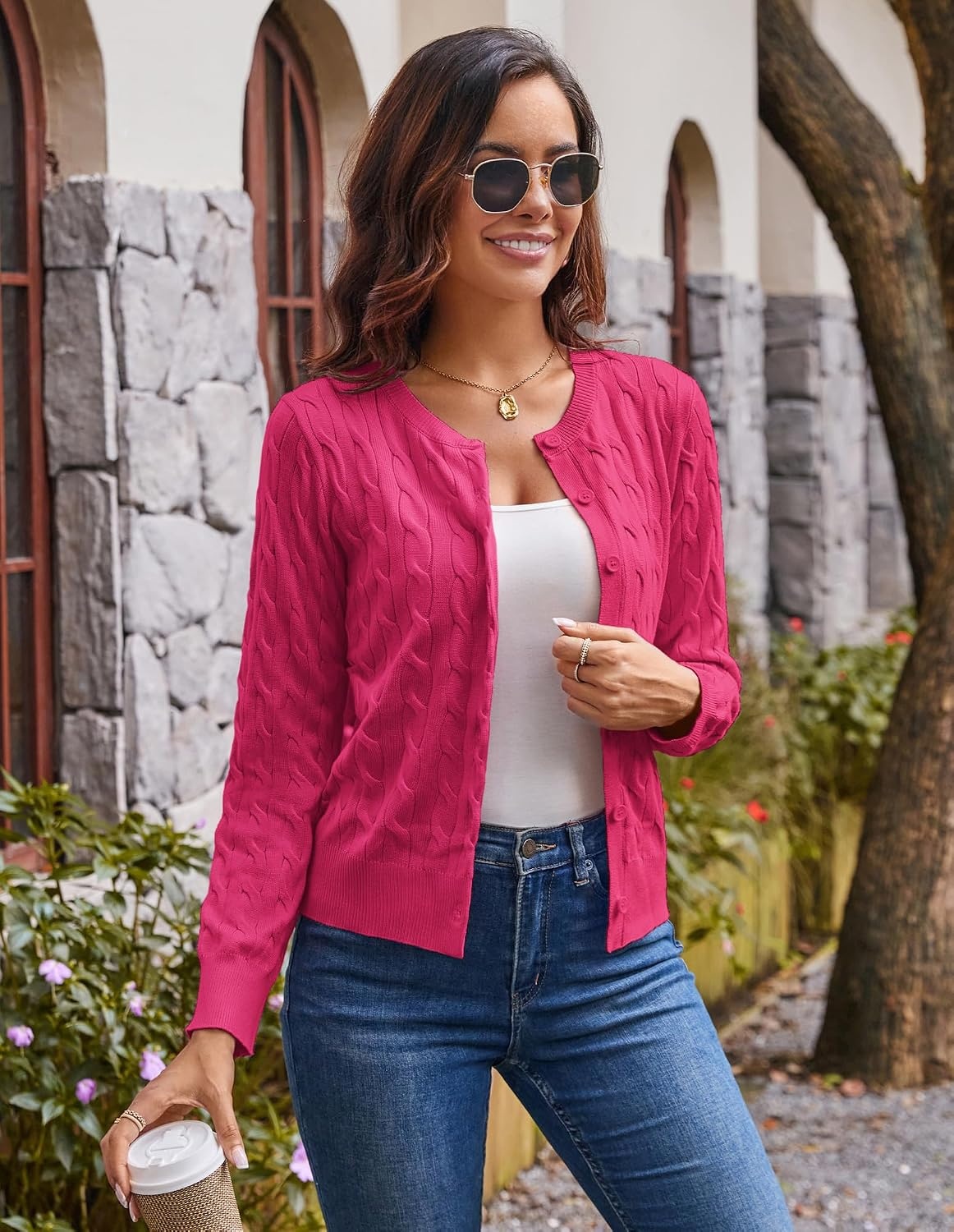 image:imageGRACE KARIN Cable Knit Cardigan Sweaters for Women Lightweight Fall OutfitsHot Pink