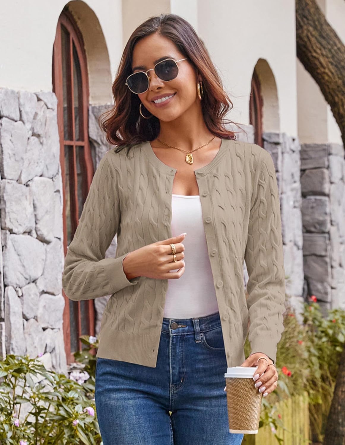 image:imageGRACE KARIN Cable Knit Cardigan Sweaters for Women Lightweight Fall OutfitsKhaki