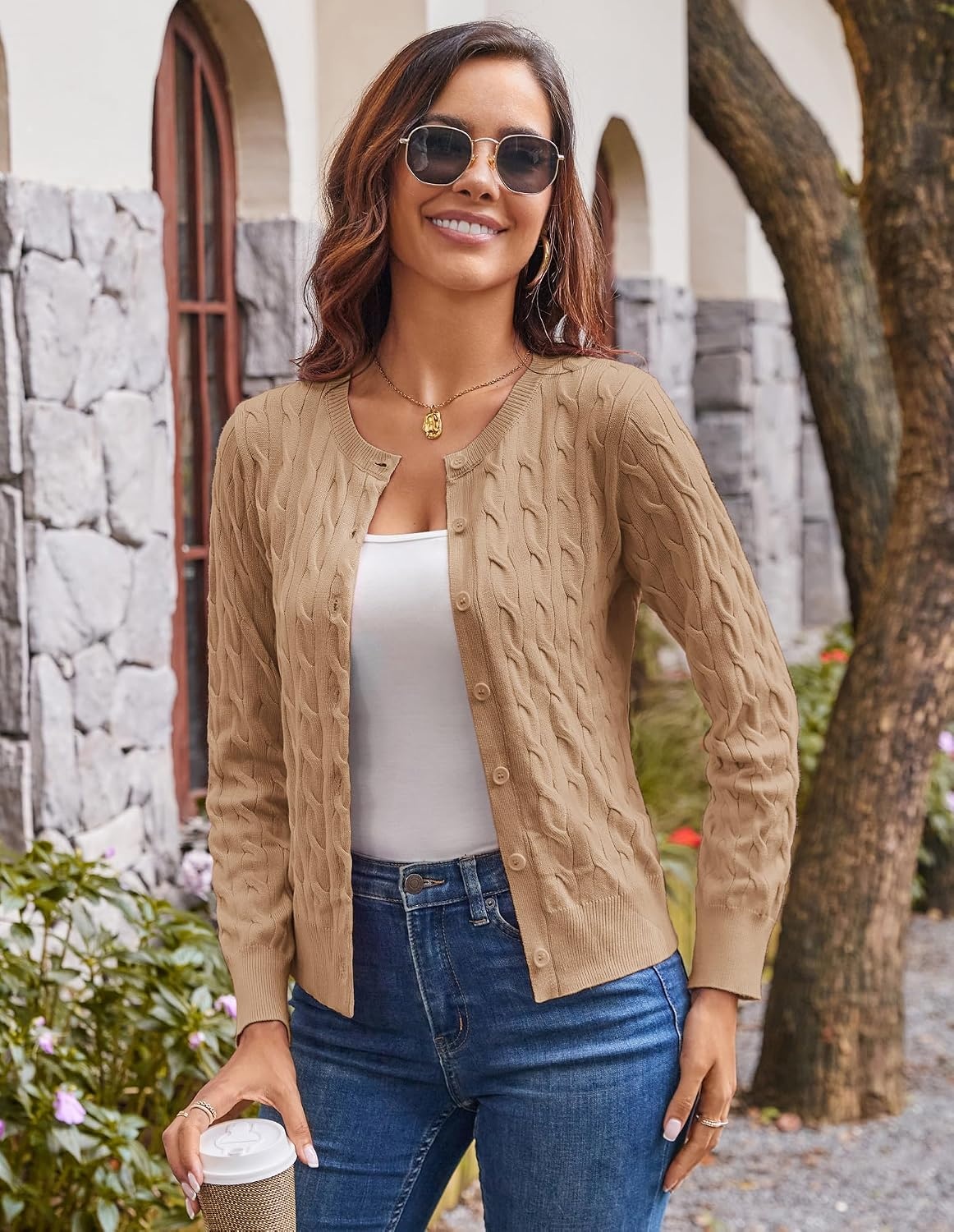 image:imageGRACE KARIN Cable Knit Cardigan Sweaters for Women Lightweight Fall OutfitsLight Khaki