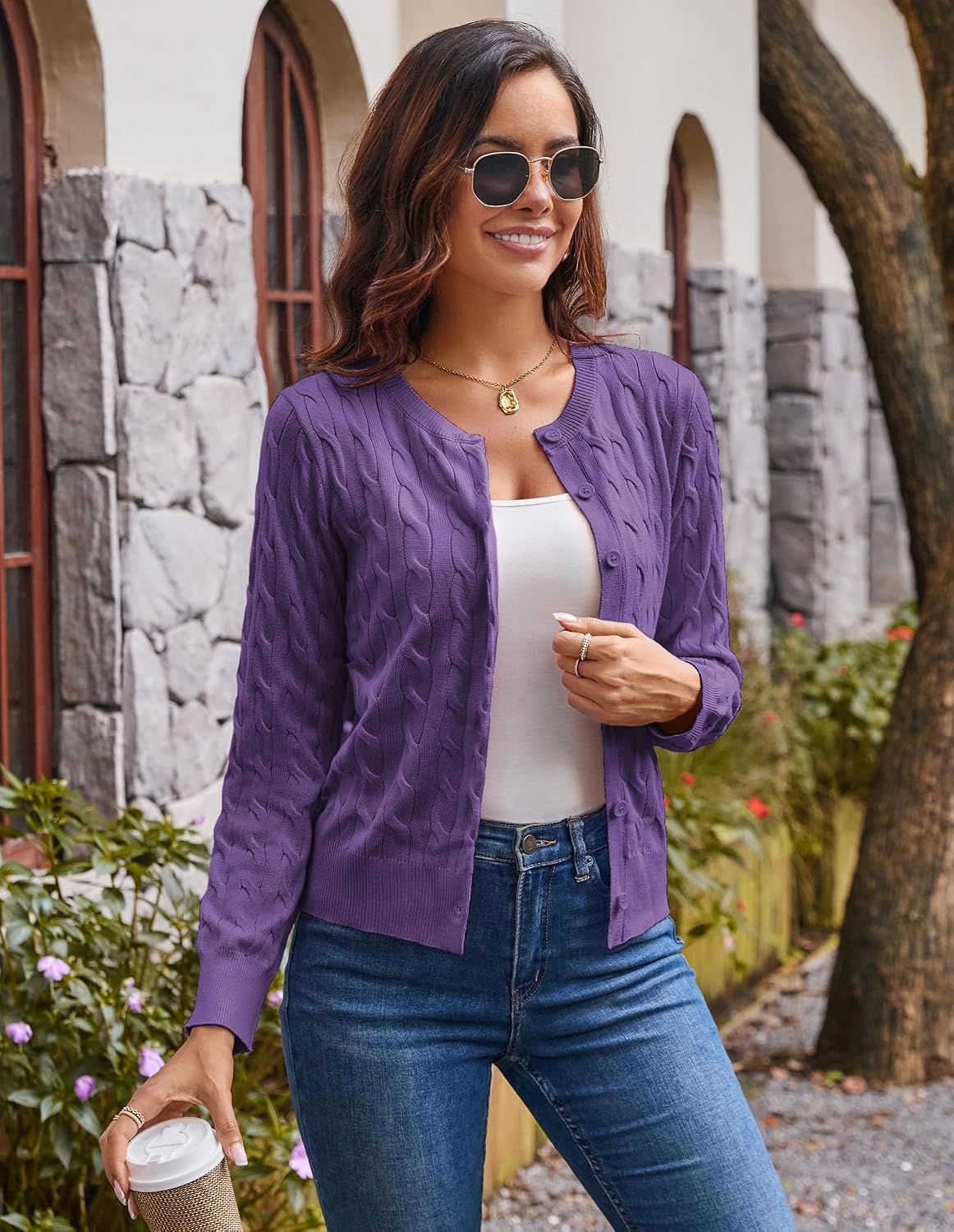 image:imageGRACE KARIN Cable Knit Cardigan Sweaters for Women Lightweight Fall OutfitsMidpurple