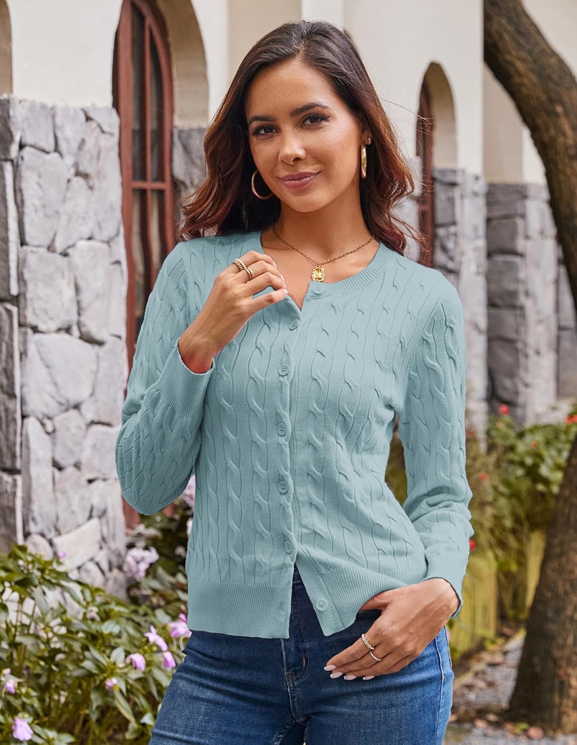 image:imageGRACE KARIN Cable Knit Cardigan Sweaters for Women Lightweight Fall OutfitsMint Blue