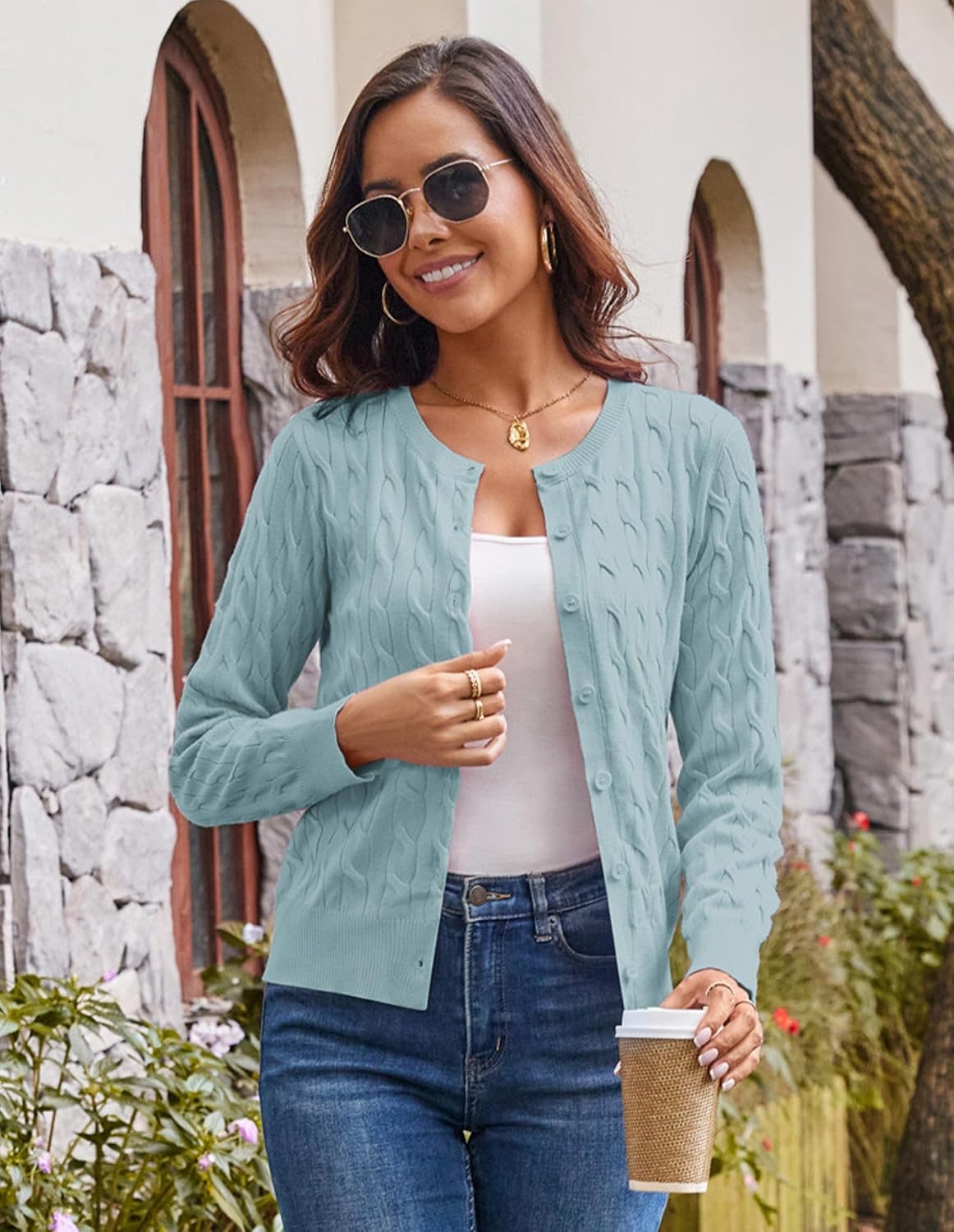 image:imageGRACE KARIN Cable Knit Cardigan Sweaters for Women Lightweight Fall OutfitsMint Blue