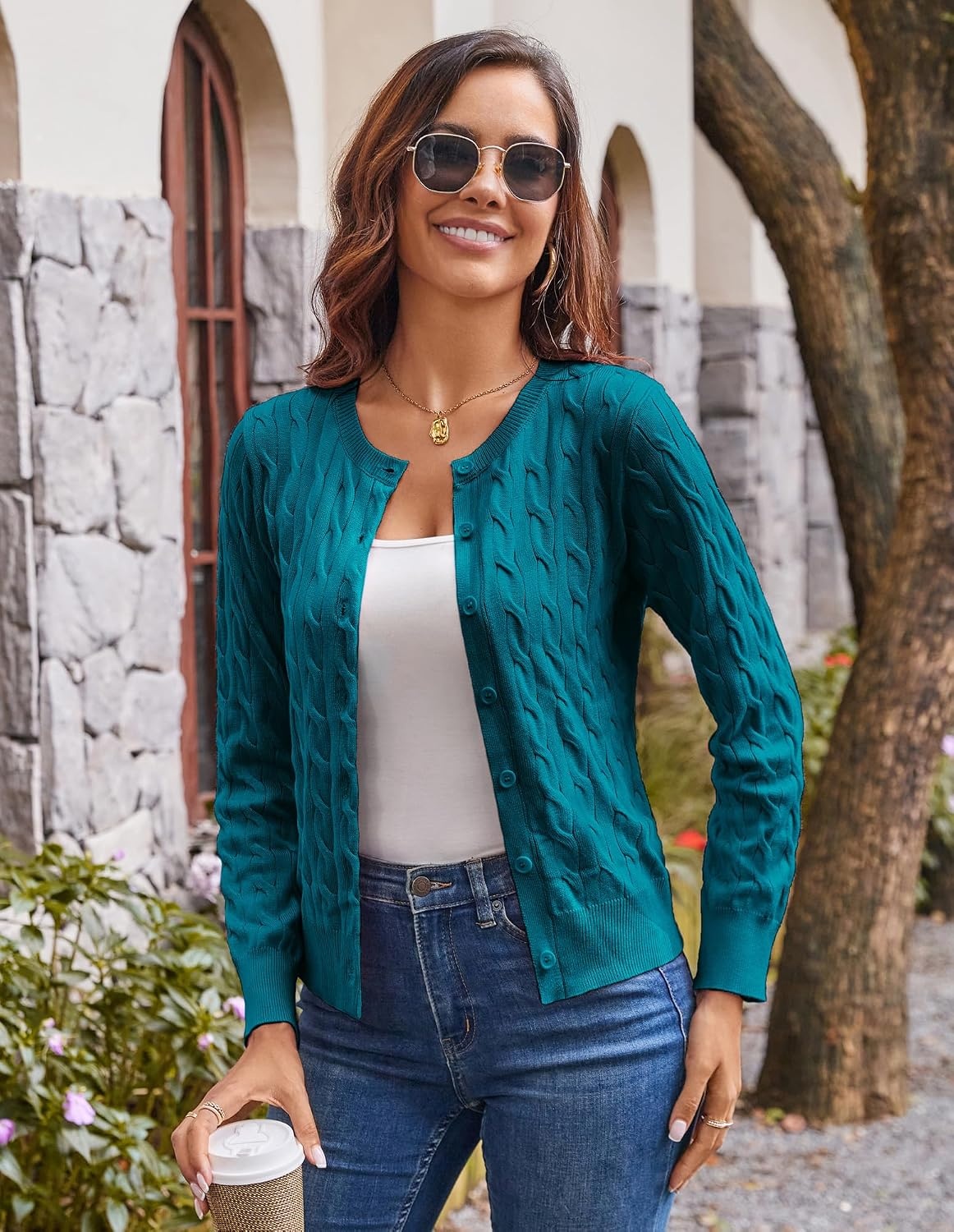 image:imageGRACE KARIN Cable Knit Cardigan Sweaters for Women Lightweight Fall OutfitsPeacock Blue