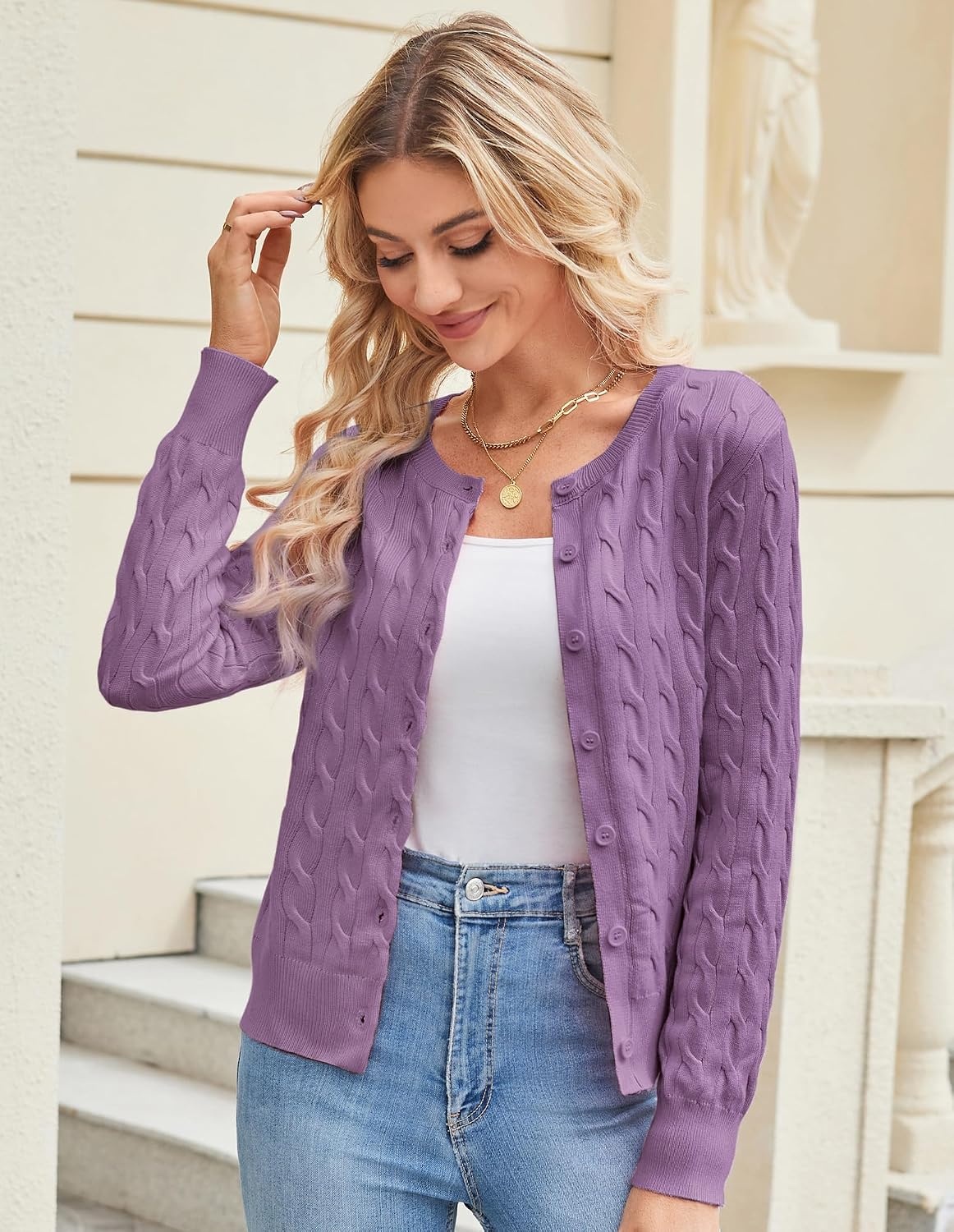 image:imageGRACE KARIN Cable Knit Cardigan Sweaters for Women Lightweight Fall OutfitsPurple