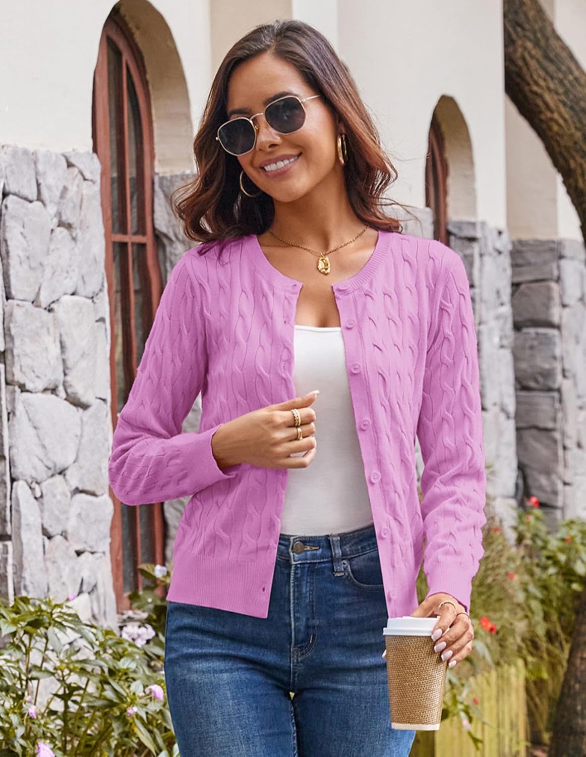 image:imageGRACE KARIN Cable Knit Cardigan Sweaters for Women Lightweight Fall OutfitsPurplish Pink