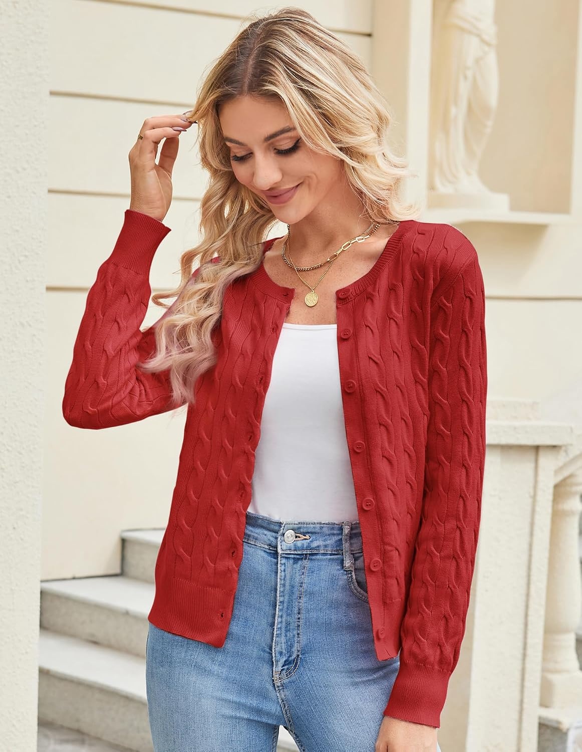 image:imageGRACE KARIN Cable Knit Cardigan Sweaters for Women Lightweight Fall OutfitsRed