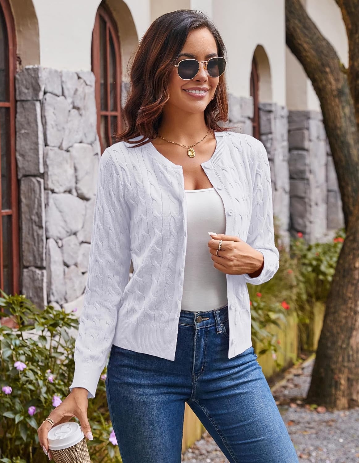 image:imageGRACE KARIN Cable Knit Cardigan Sweaters for Women Lightweight Fall OutfitsWhite